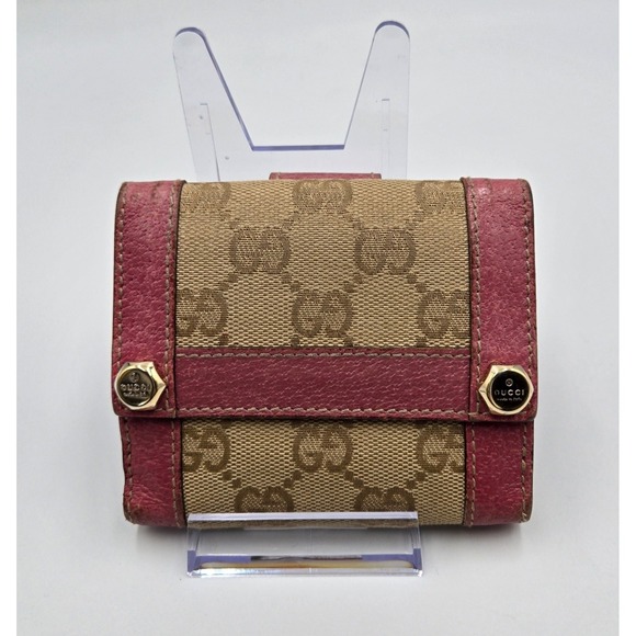 Gucci GG Canvas Pink Leather Trim Trifold Wallet Small Preowned Designer - Picture 10 of 11